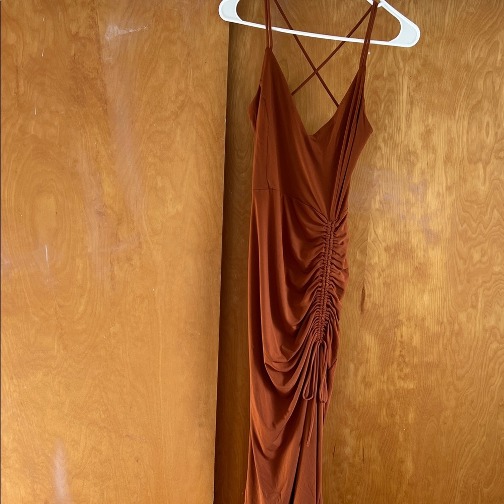 Elegant Ruched Spaghetti Strap Dress in Rich Brown